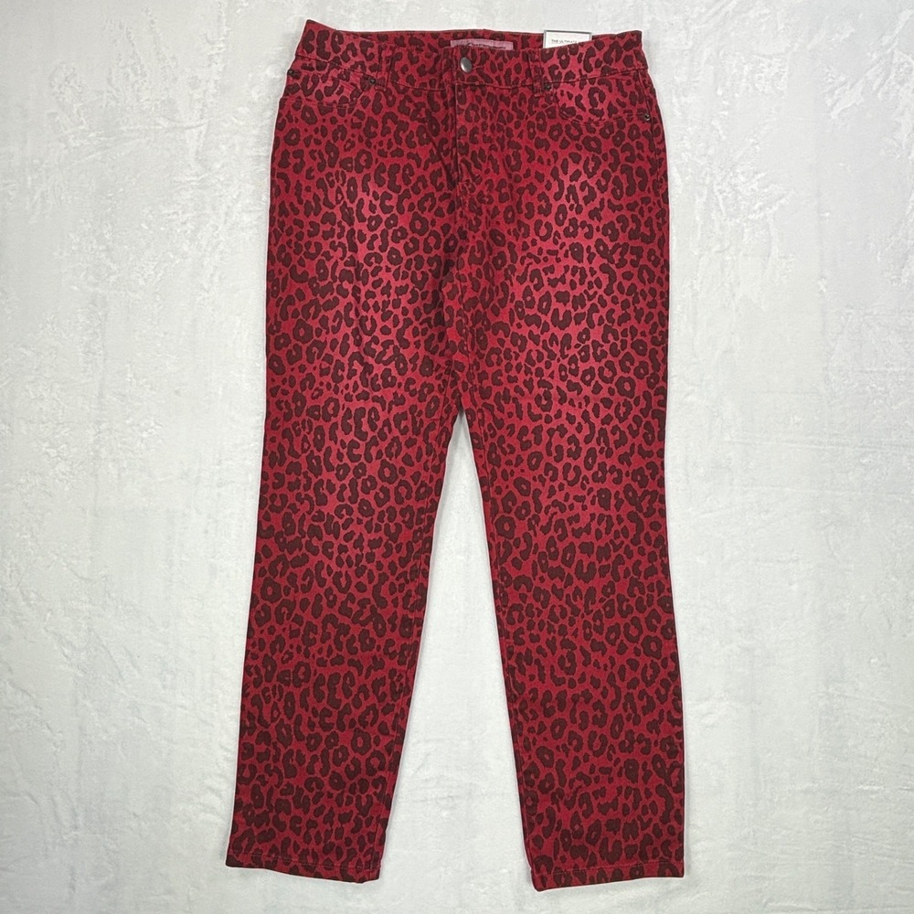 Chico's Platinum Denim Red Leopard Print Ankle Pants The Ultimate Fit Size 1 NEW